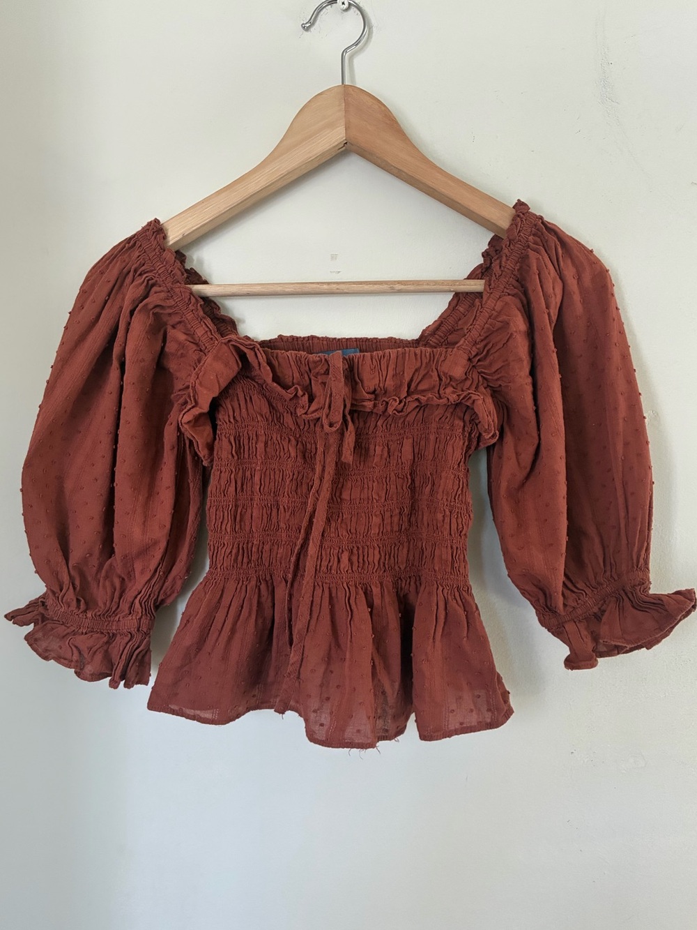 Indigo Rising Rust Brown Fall Smocked Peplum Top Swiss Dot Puff Sleeve Blouse M